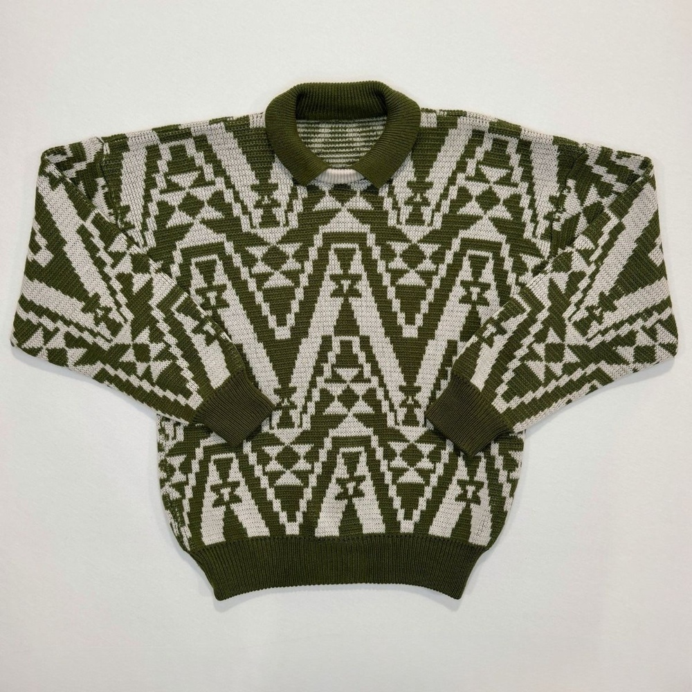 Green Cream Abstract Geometric Knit Sweater Unbranded Oversized 44 Chest M/L